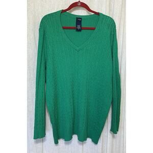 Basic Editions Green V Neck Long Sleeve Cable Knit Sweater Size 3X